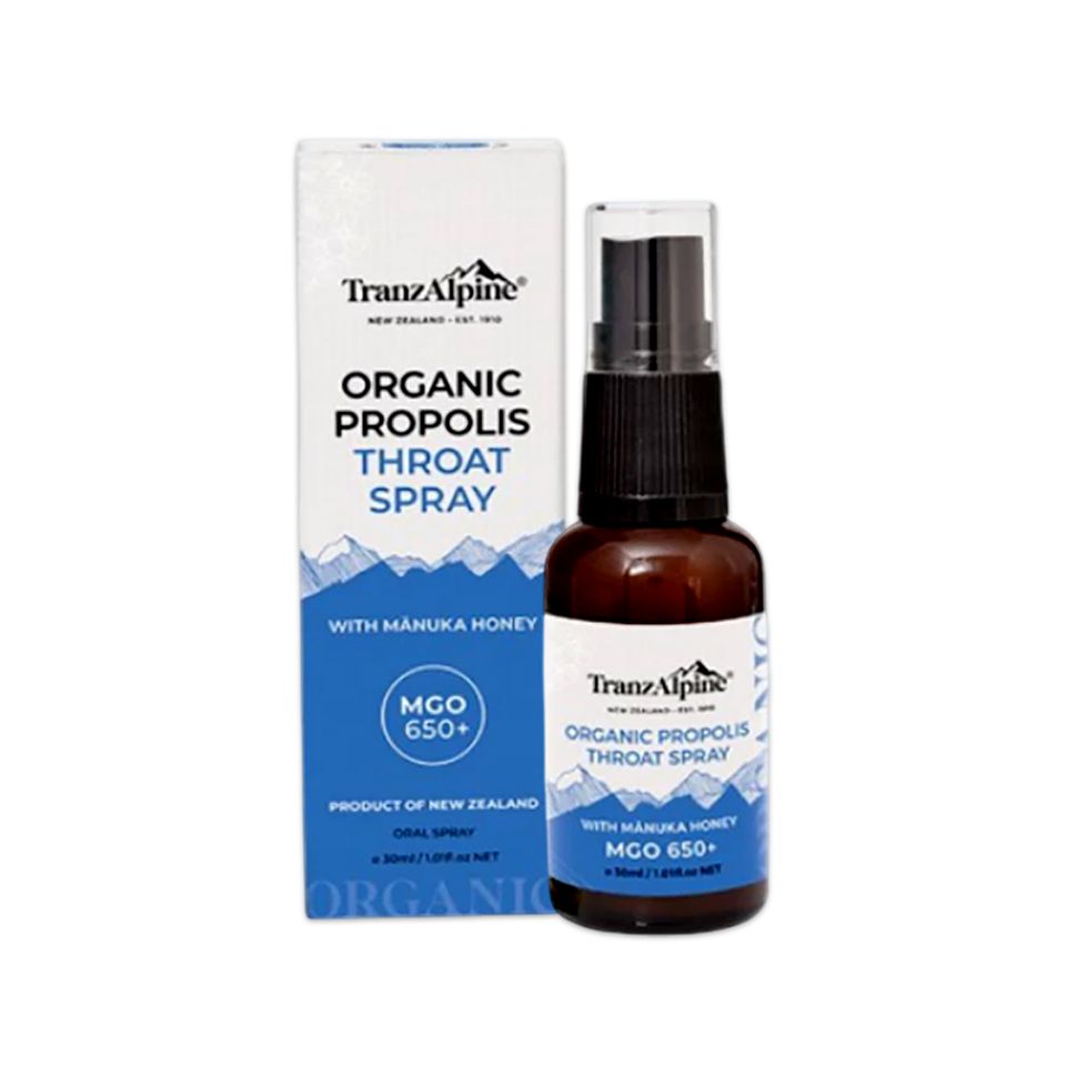 Xịt họng keo ong manuka MGO650+ TranzAlpine Organic Propolis Throat Spray 30ml