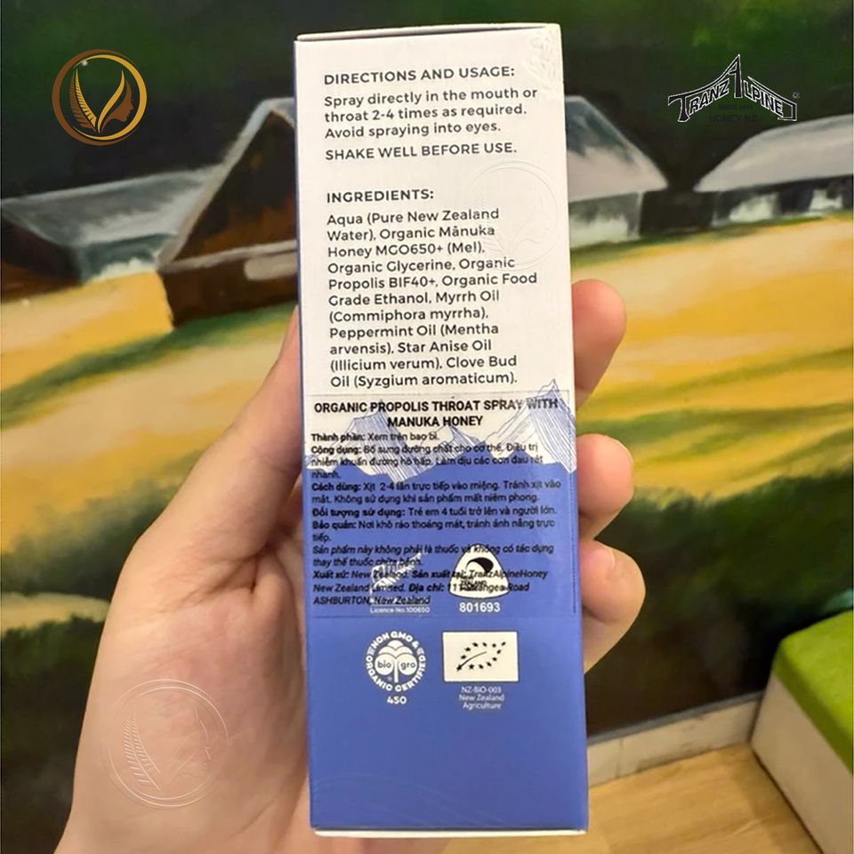 Xịt họng keo ong manuka MGO650+ TranzAlpine Organic Propolis Throat Spray 30ml