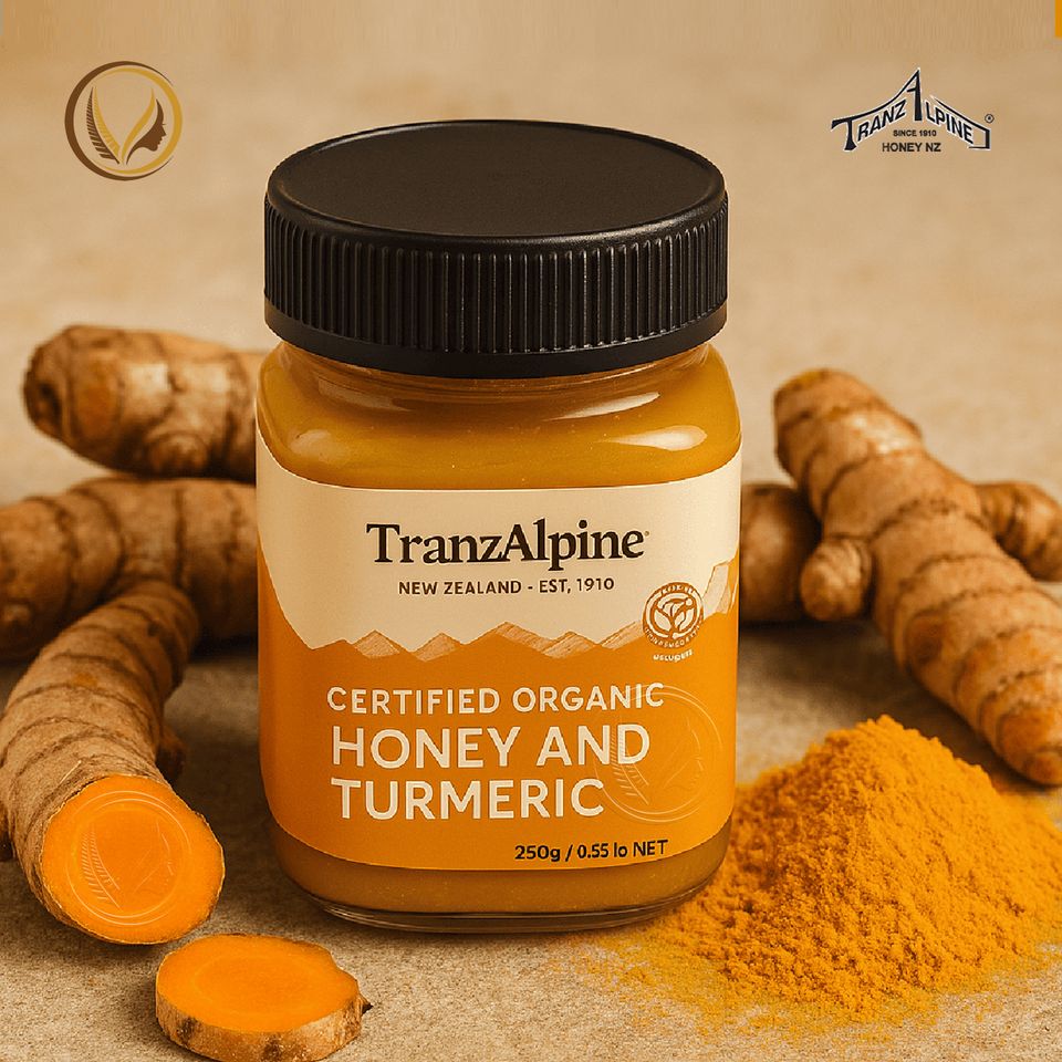 Mật ong cỏ ba lá hữu cơ kết hợp với nghệ TranzAlpine Certified Organic Honey And Turmeric 250g
