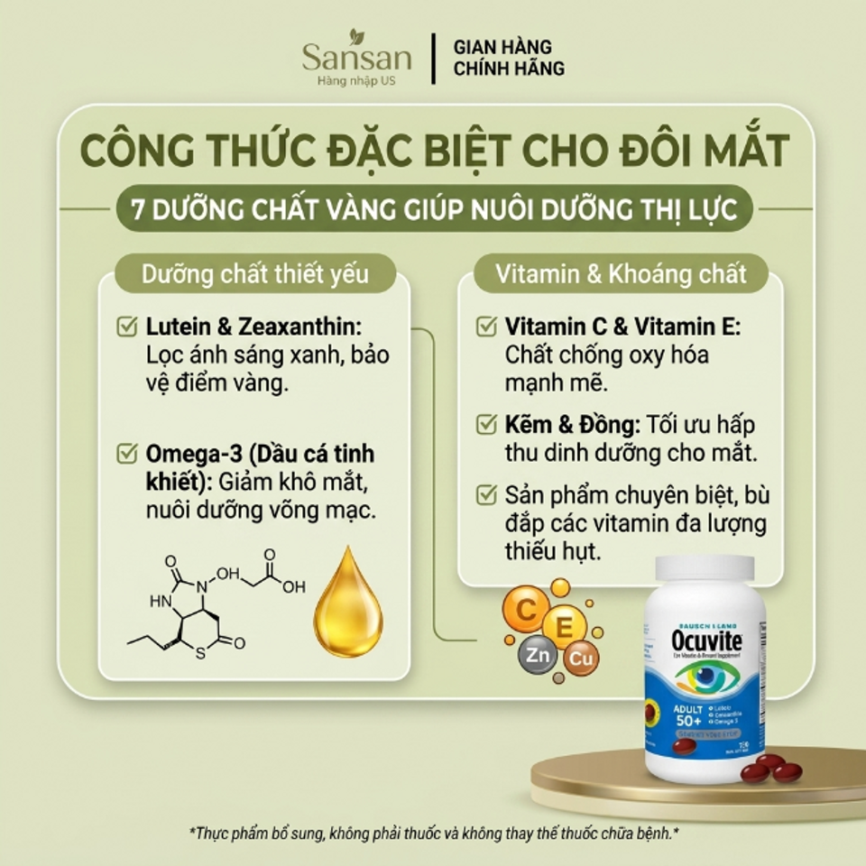 Viên Uống Bổ Mắt Bausch + Lomb Ocuvite Adult 50+ 150 Viên - Dinh Dưỡng Thiết Yếu Cho Mắt Người Già, Ngăn Ngừa Lão Hóa