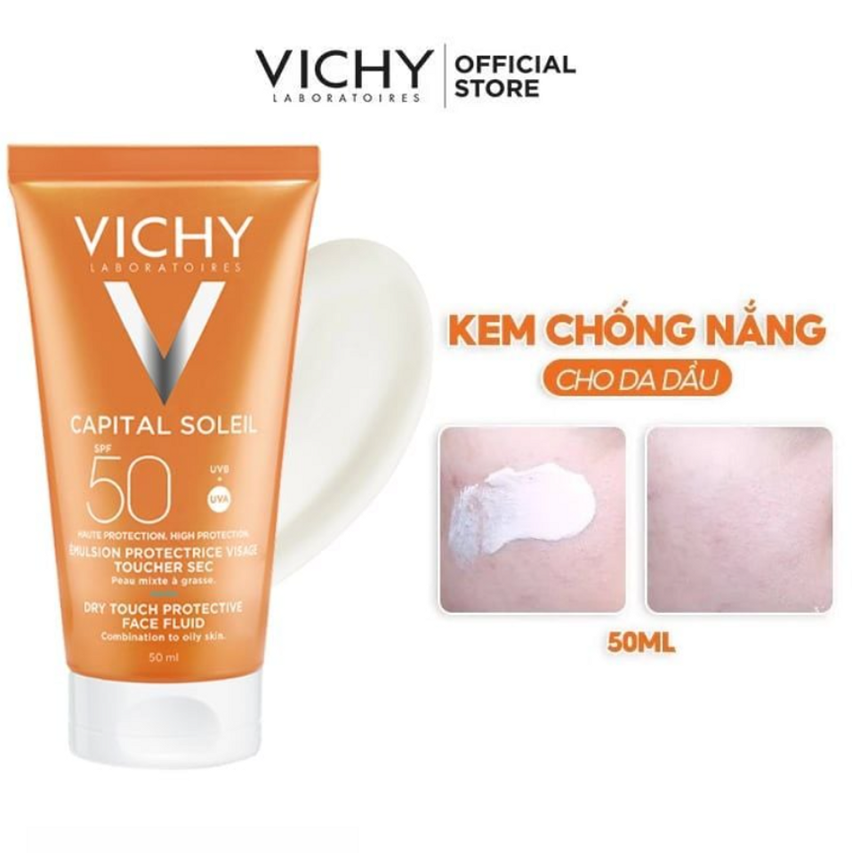 Kem Chống Nắng Vichy Thoáng Nhẹ Không Bóng Dầu SPF 50 50ml - Capital Soleil Dry Touch Face Fluid SPF50 UVB+UVA