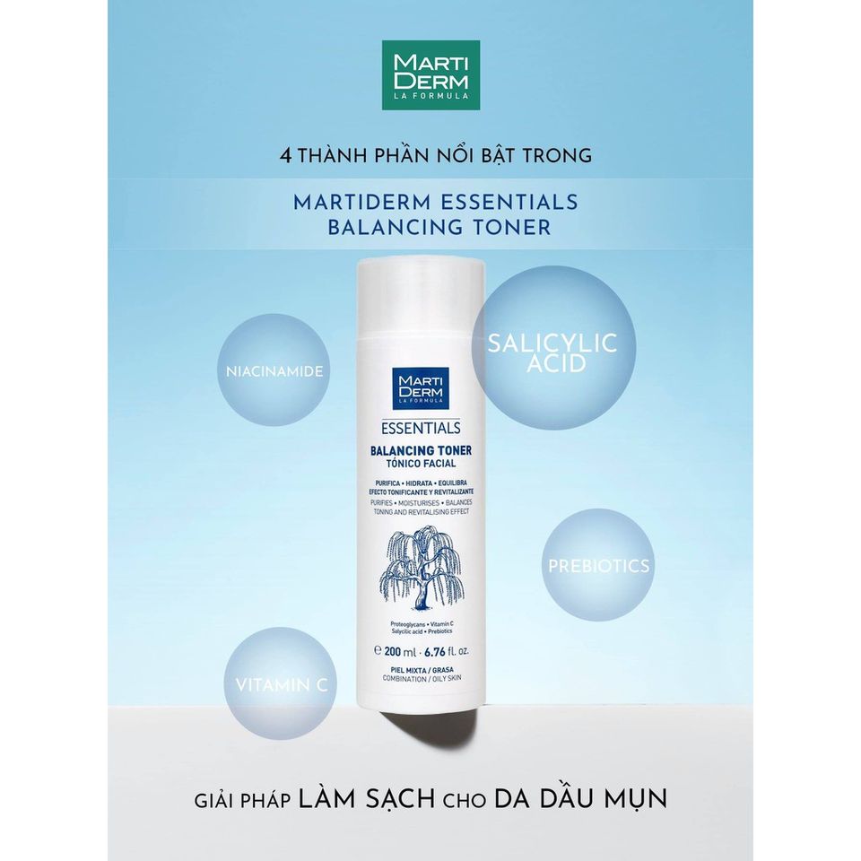 [HÀNG CÔNG TY] MartiDerm Essentials Balancing Toner - Nước Cân Bằng Làm Sạch Da Hỗn Hợp, Da Dầu BHA & Prebiotics 200ml