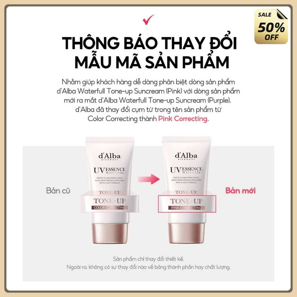 Kem chống nắng nâng tông da Waterfull Tone-up Sun Cream SPF 50+ 50ml - [d'Alba Official]