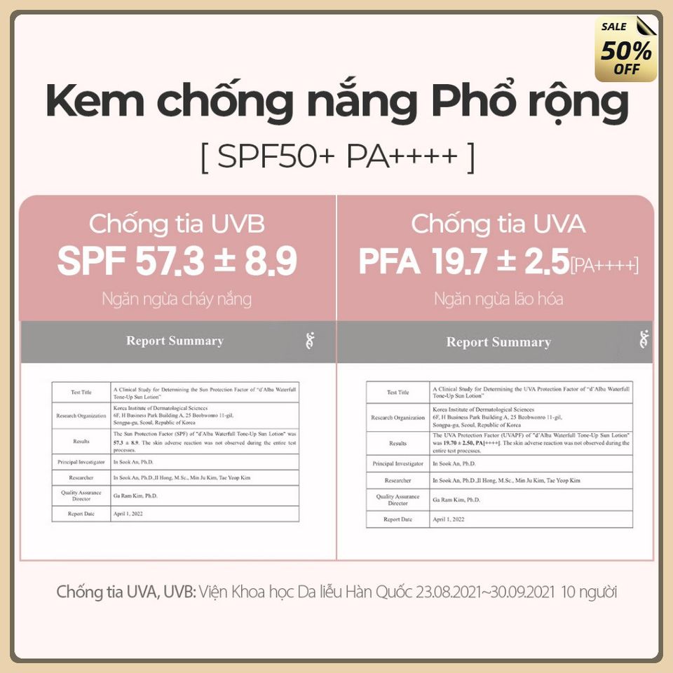 Kem chống nắng nâng tông da Waterfull Tone-up Sun Cream SPF 50+ 50ml - [d'Alba Official]