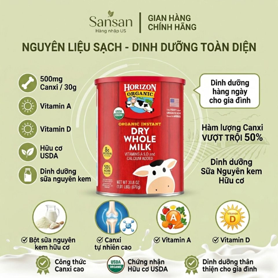 Sữa Bột Nguyên Kem Hữu Cơ Horizon Organic, Canxi Cao 480mg 870g- Nội địa Mỹ