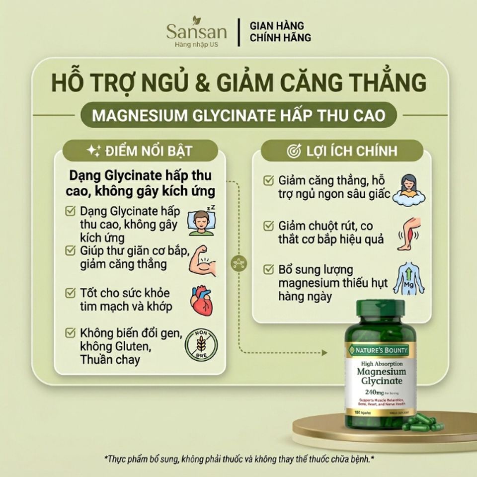 TPBVSK Viên Uống Magie Nature’s Bounty Magnesium Glycinate 240mg, 180 Viên - Nội địa Mỹ