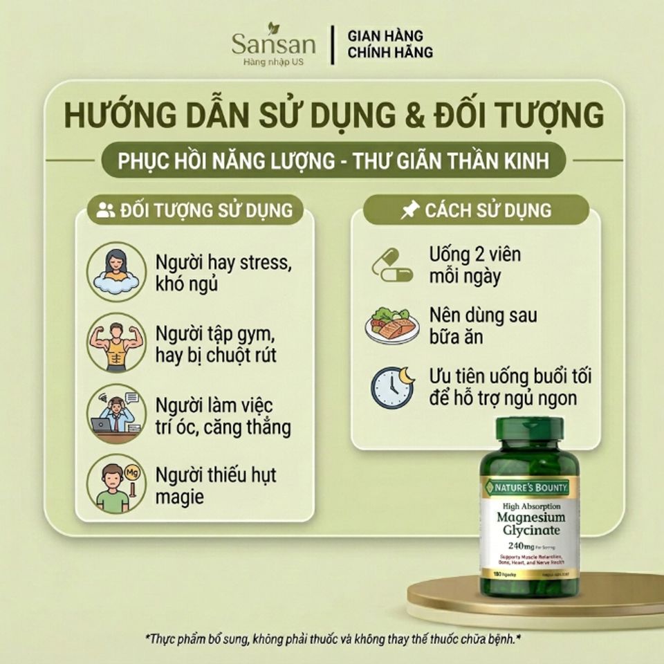 TPBVSK Viên Uống Magie Nature’s Bounty Magnesium Glycinate 240mg, 180 Viên - Nội địa Mỹ