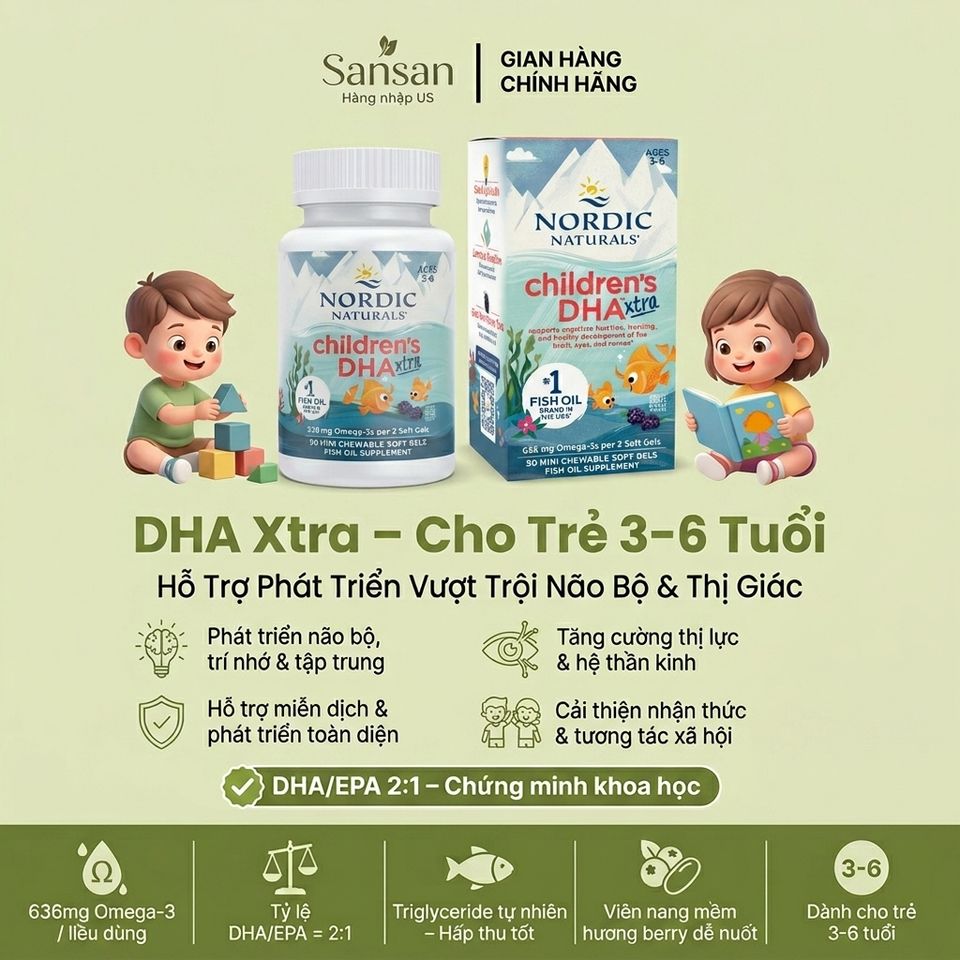 Viên uống Nordic Children's DHA Xtra 636mg - Bổ sung Omega-3 cho trẻ từ 3 tuổi, hỗ trợ trí não và phát triển tư duy, 90 viên Mỹ