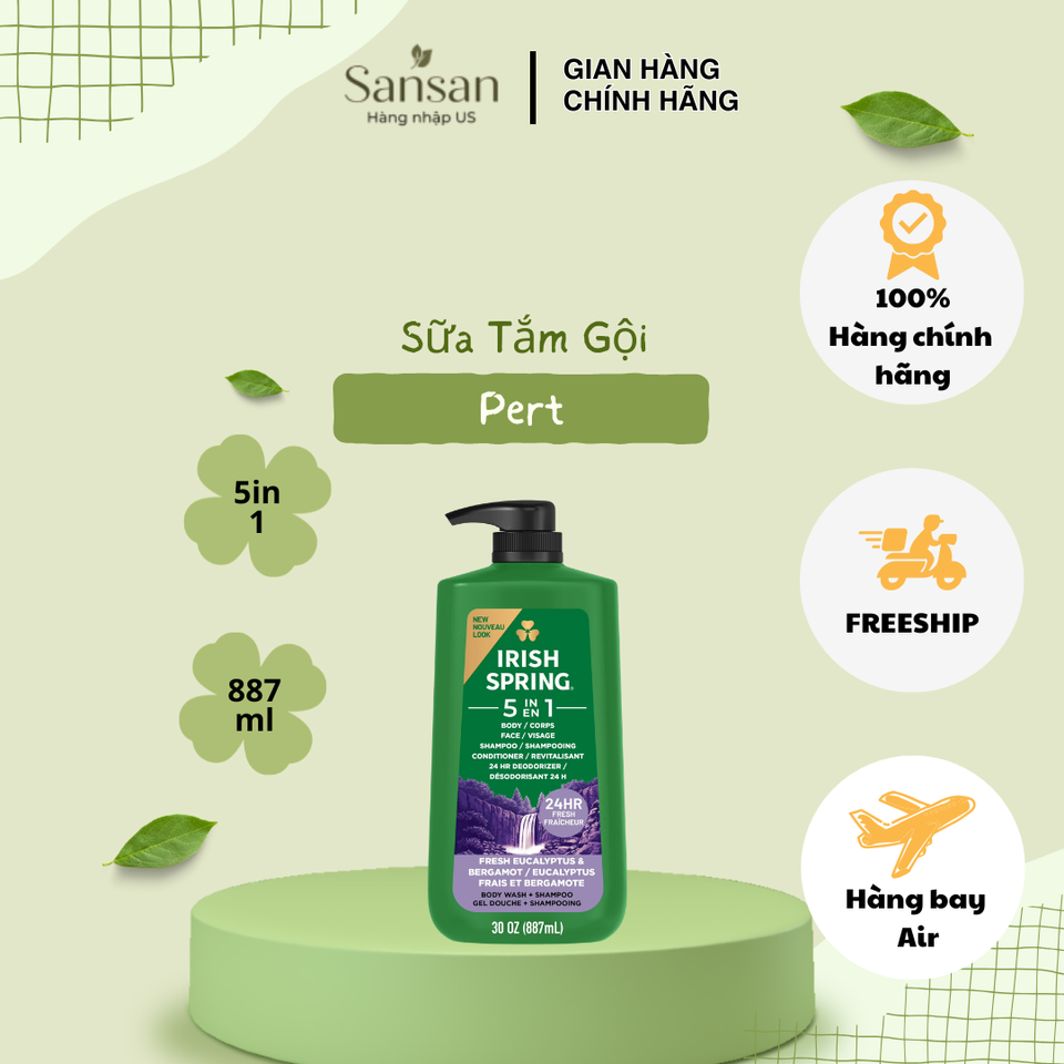 Sữa Tắm Gội Irish Spring 5 in 1 887ml - Gel Tắm Nam giúp Sạch Sẽ và Tươi Mát - Hương Cam Bergamot & Khuynh Diệp