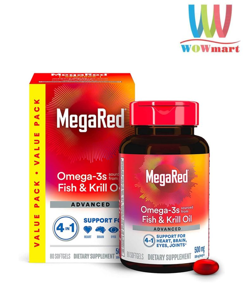 megared krill oil Dầu tôm Schiff MegaRed Advanced 4in1 Omega-3 Fish + Krill Oil hỗ trợ mắt não tim mạch và xương khớp 729792
