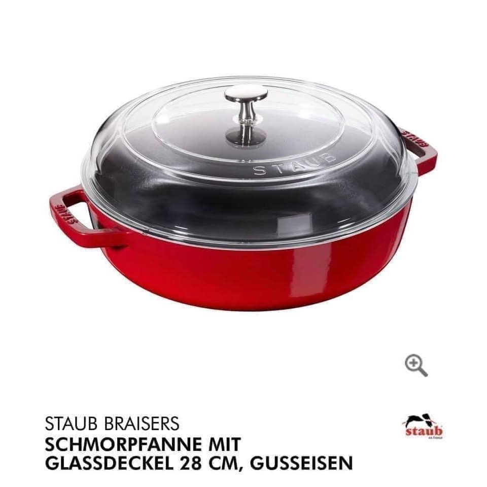 CHẢO GANG STAUB 24CM CÓ NẮP KÍNH MẦU ĐỎ