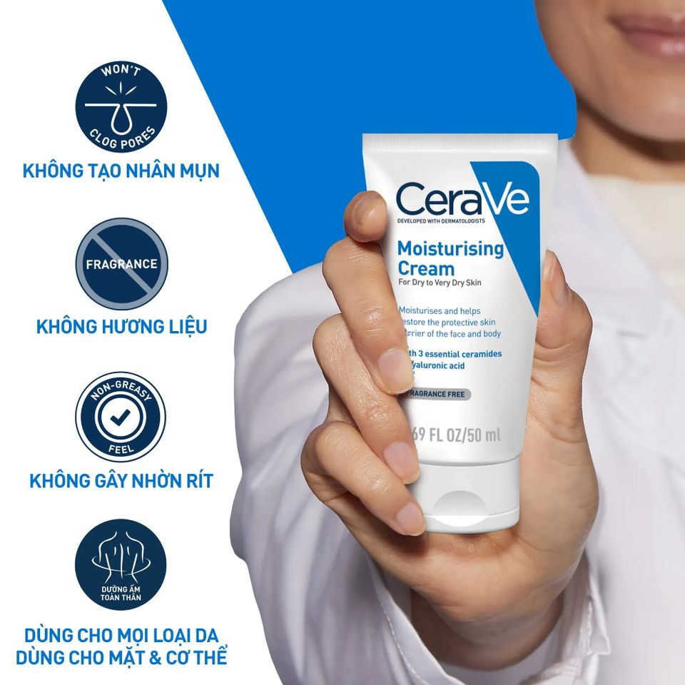 Kem Dưỡng Ẩm CeraVe Dành Cho Da Khô 50ml - Giải Pháp Chăm Sóc Da Khô Mịn Màng, Hấp Thụ Nhanh, Làm Da Tươi Trẻ