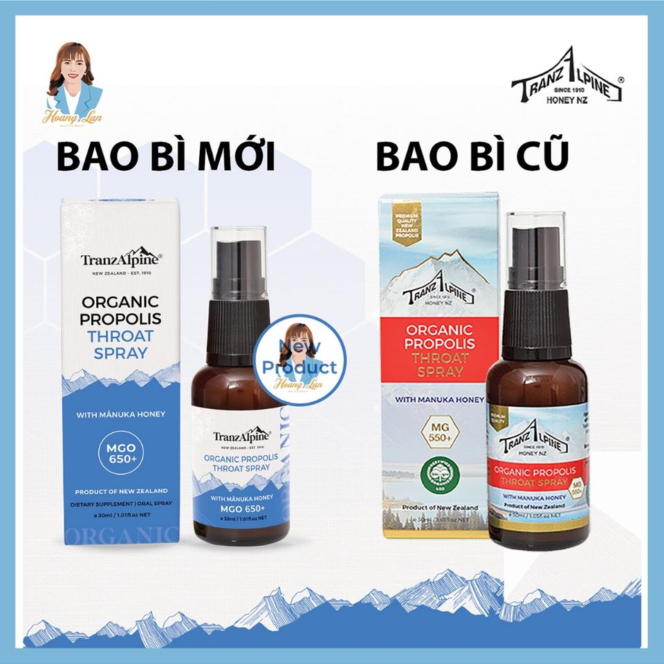 Xịt họng keo ong manuka MGO650+ New Zealand TranzAlpine Organic Propolis Throat Spray 30ml 739550