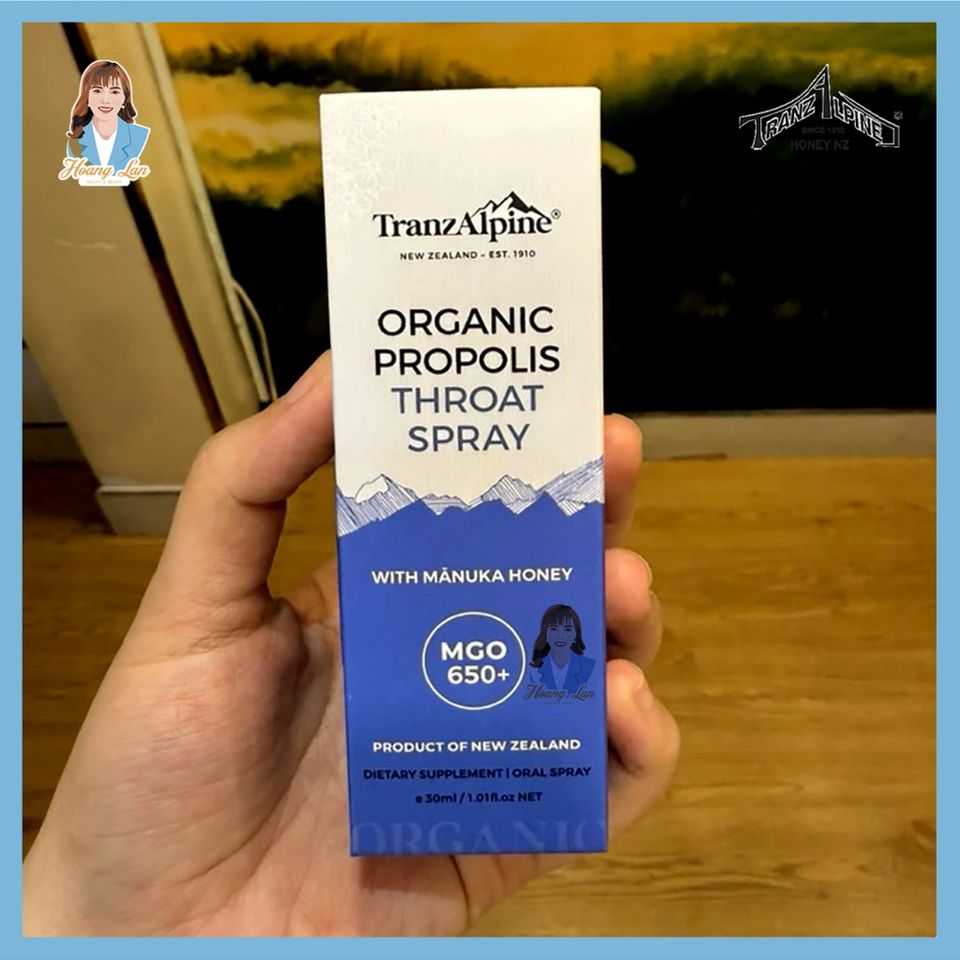 Xịt họng keo ong manuka MGO650+ New Zealand TranzAlpine Organic Propolis Throat Spray 30ml 739550