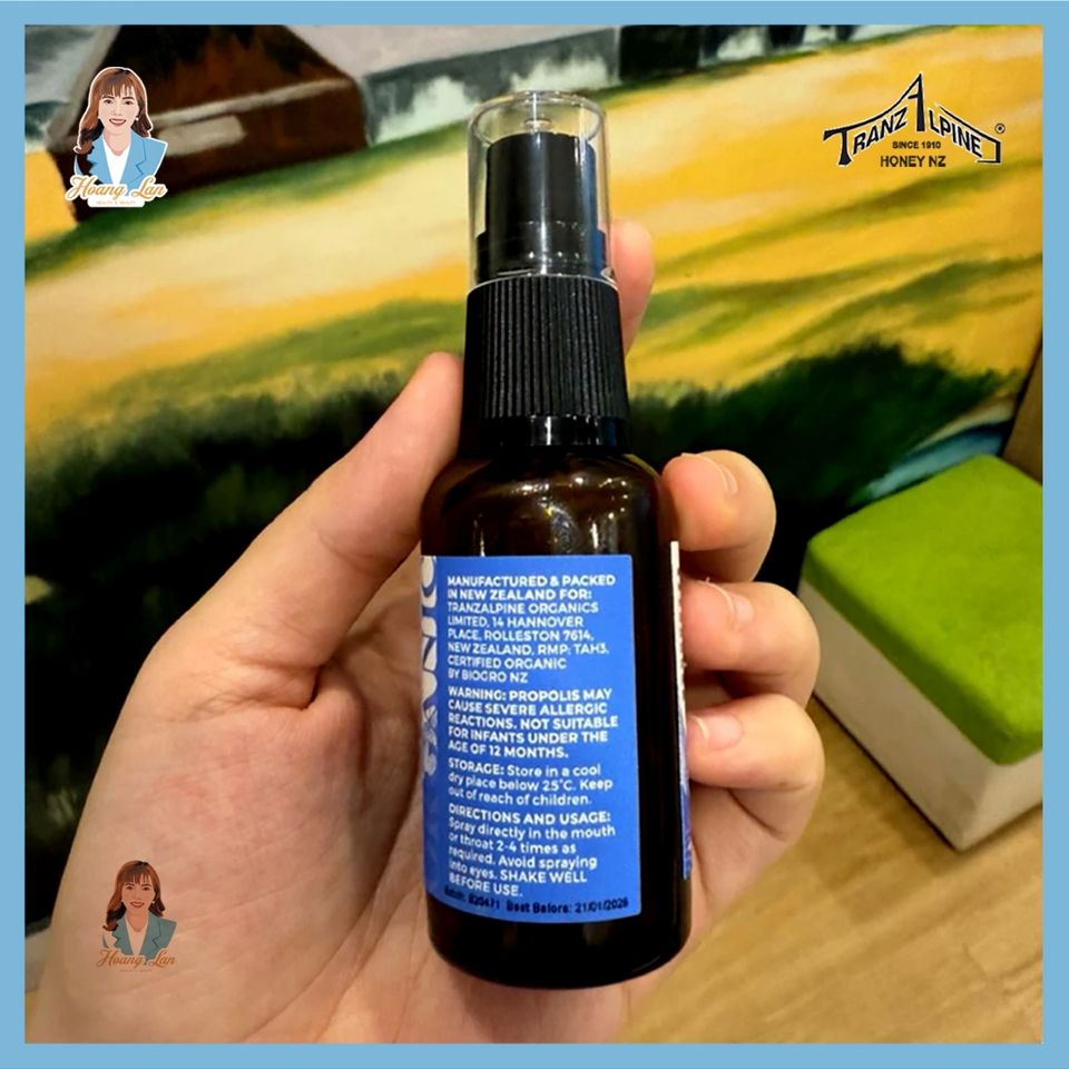 Xịt họng keo ong manuka MGO650+ New Zealand TranzAlpine Organic Propolis Throat Spray 30ml 739550