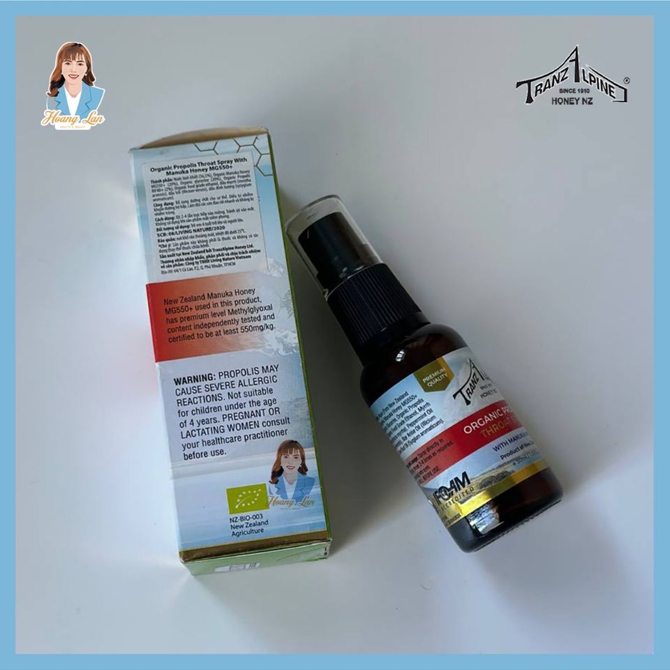 Xịt họng keo ong manuka MGO650+ New Zealand TranzAlpine Organic Propolis Throat Spray 30ml 739550