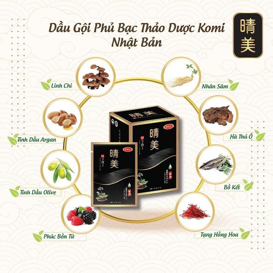 Dầu Gội Phủ Bạc Komi Dạng Gói 25ml - Chiết Xuất Nhuộm Tóc Nhanh Chóng, Giữ Màu Lâu, Phục Hồi Tóc Hư Tổn