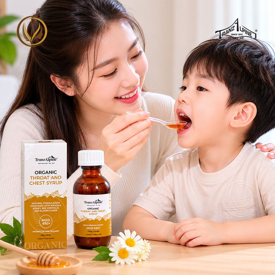 Siro giảm ho, đau họng MGO650+ TranzAlpine Organic Throat And Chest Syrup 100ml