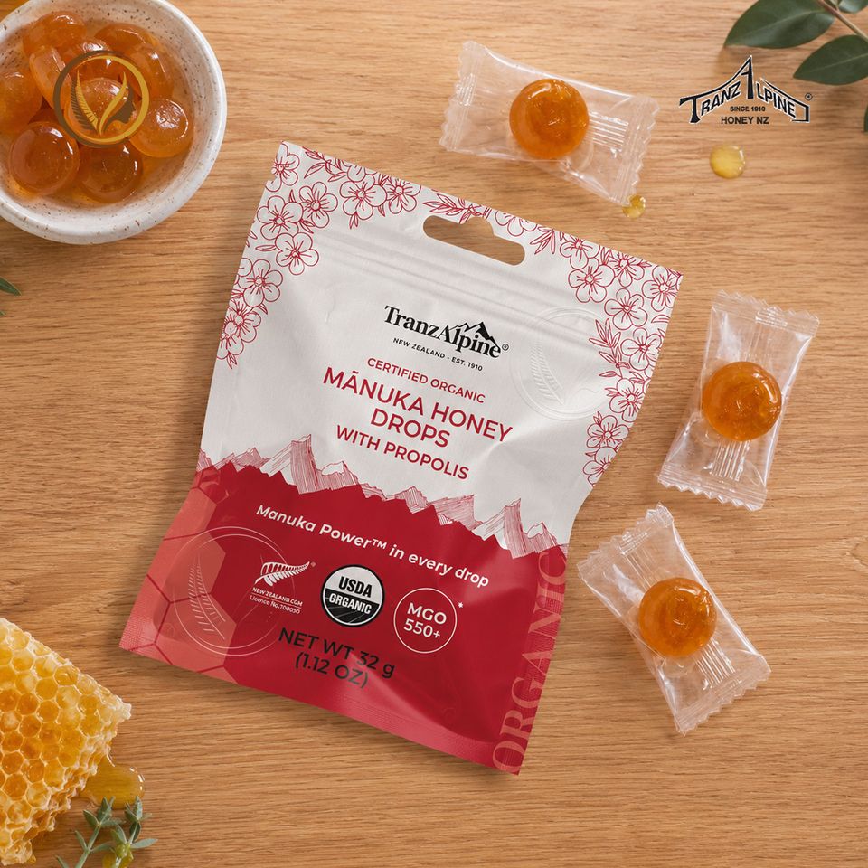 Kẹo ngậm mật ong Manuka hữu cơ MGO550+ với keo ong TranzAlpine Organic Manuka Honey Drops with Propolis 25 viên