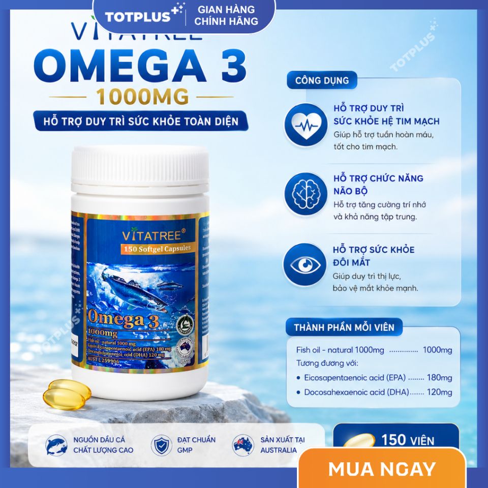 Vitatree Omega 3 - Hàng Nhập Khẩu Úc – Hỗ Trợ Tim Mạch, Não Bộ, Trí Nhớ Và Thị Lực - Lọ 150 Viên
