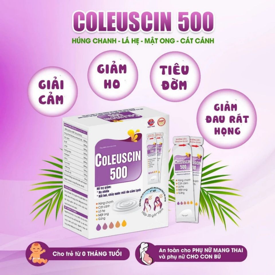 Siro Ho COLEUSCIN 500 – Giảm Ho, Tiêu Đờm, An Toàn Cho Trẻ Sơ Sinh Và Phụ Nữ Mang Thai - Hộp 30 gói