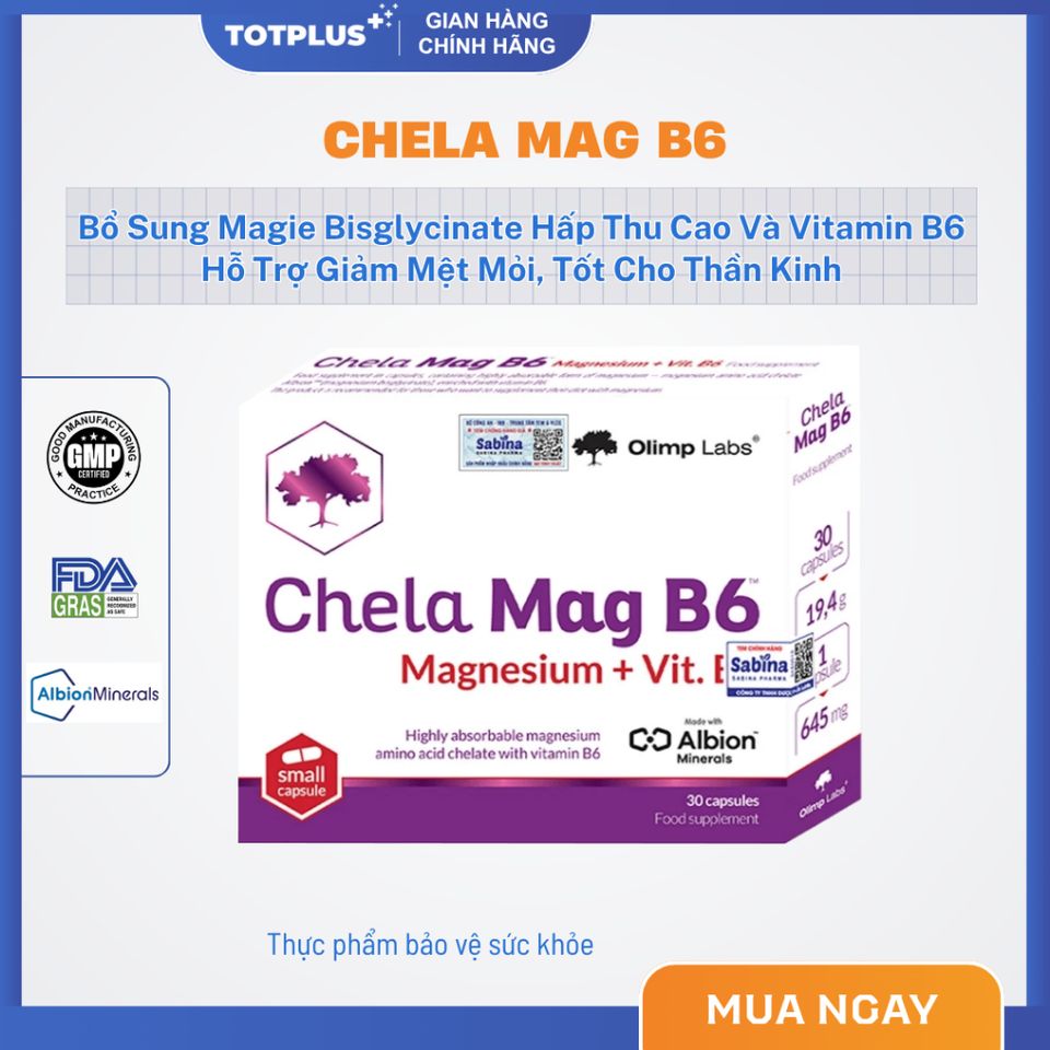 Chela Mag B6 - Bổ Sung Magie Bisglycinate & Vitamin B6, Hỗ Trợ Giảm Tê Bì, Đau Mỏi Cơ, Giúp Ngủ Ngon