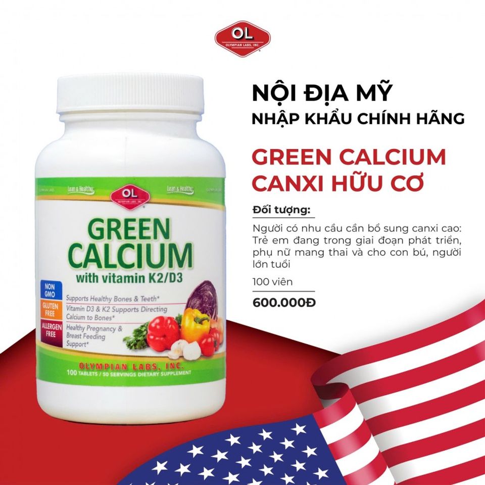 [Nhập khẩu] Viên uống Green Calcium Olympian Labs - Bổ sung canxi hữu cơ cho cơ thể (100v)