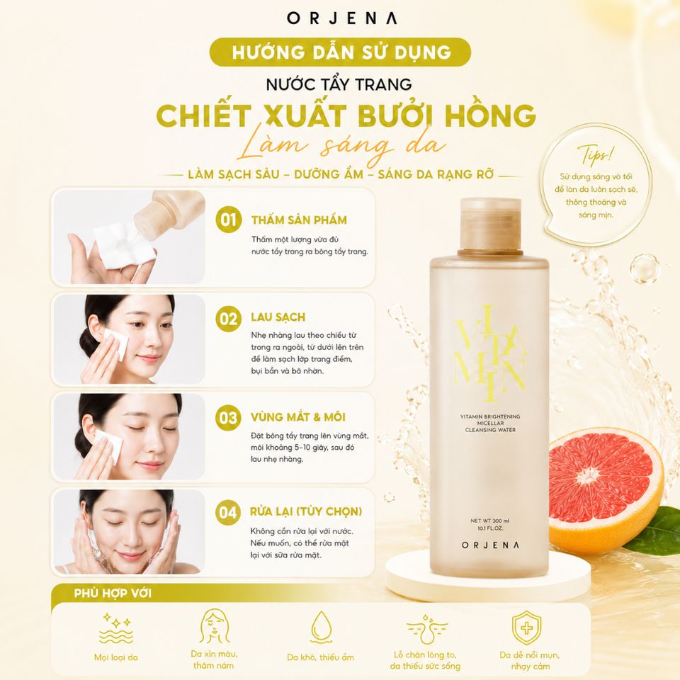 [Tặng mút trang điểm] Nước Tẩy Trang Orjena 300ML Làm Sạch Sâu Bụi Bẩn Dưỡng Ẩm Da Mặt Dịu Nhẹ Cho Mọi Loại Da