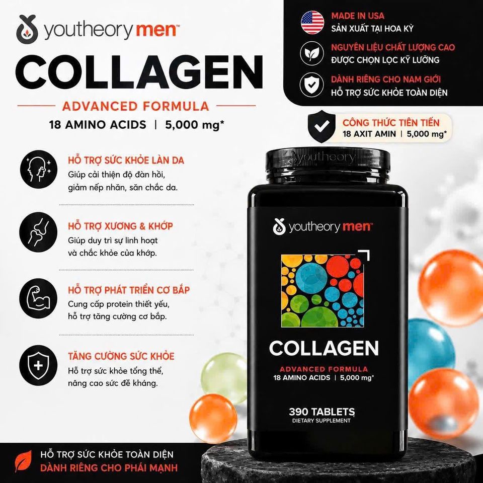 ‼️COLAGEN DÀNH CHO NAM ‼️ Xuất xứ mỹ 🇺🇸  🙋‍♂️💁‍♂️ Collagen Youtheory Men's Type 1 2 & 3 lọ 390 viên