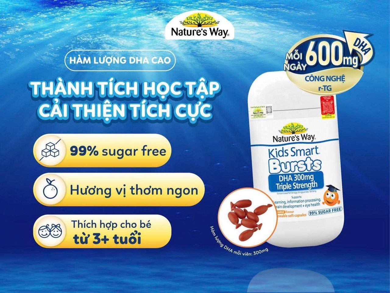 Viên nhai hỗ trợ bổ não Kids Smart Bursts DHA 300mg Nature's Way (50 viên) date 12/28
