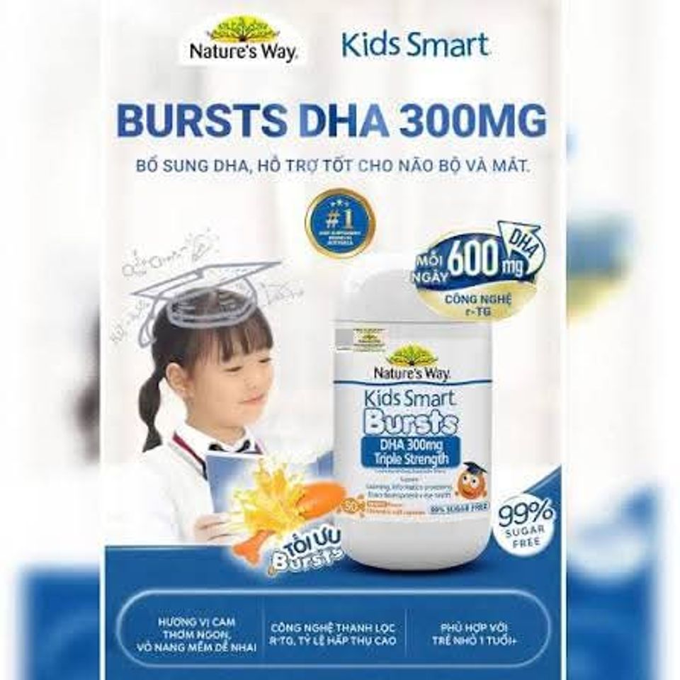 Viên nhai hỗ trợ bổ não Kids Smart Bursts DHA 300mg Nature's Way (50 viên) date 12/28