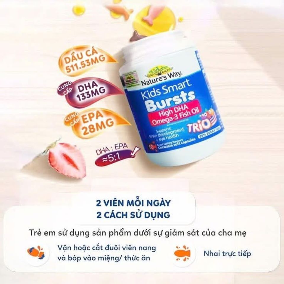 Dầu cá Kids Smart Bursts Omega-3 Fish Oil TRIO – DHA 3 màu ,hương vị trái cây thơm ngon cho bé phát triển trí não