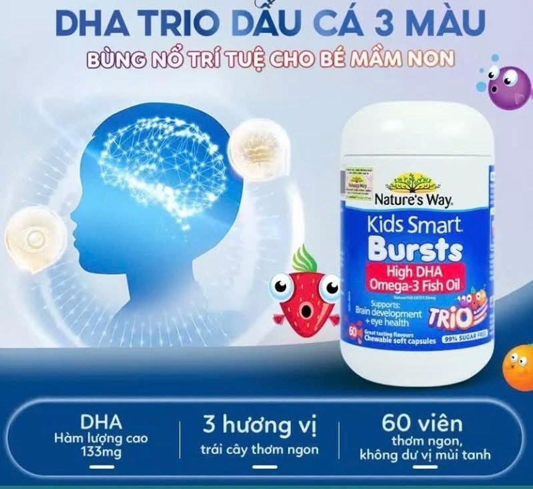 Dầu cá Kids Smart Bursts Omega-3 Fish Oil TRIO – DHA 3 màu ,hương vị trái cây thơm ngon cho bé phát triển trí não