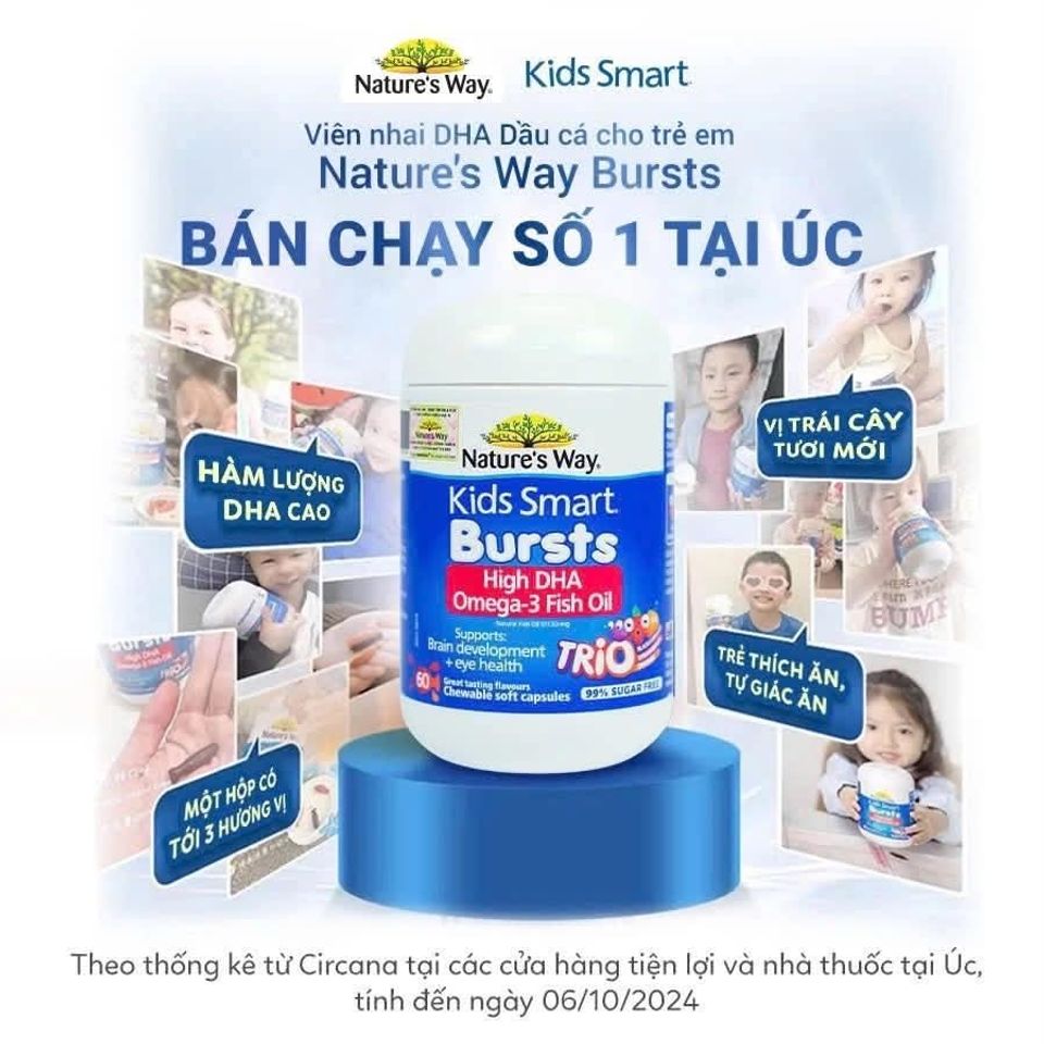 Dầu cá Kids Smart Bursts Omega-3 Fish Oil TRIO – DHA 3 màu ,hương vị trái cây thơm ngon cho bé phát triển trí não