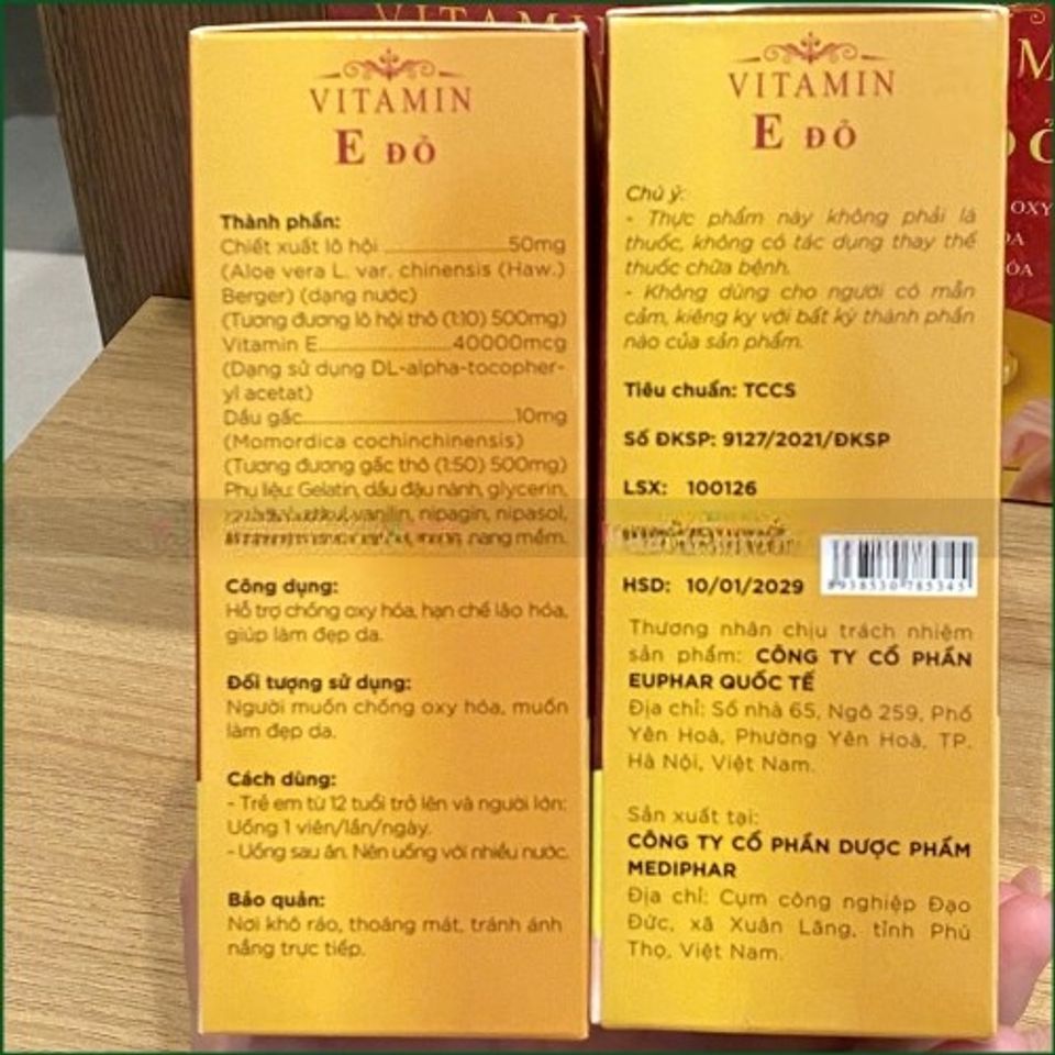 1 HỘP VITAMIN E ĐỎ – VIÊN UỐNG HỖ TRỢ CHỐNG OXY HÓA, HẠN CHẾ LÃO HÓA, GIÚP LÀM ĐẸP DA – HỘP 30 VIÊN.