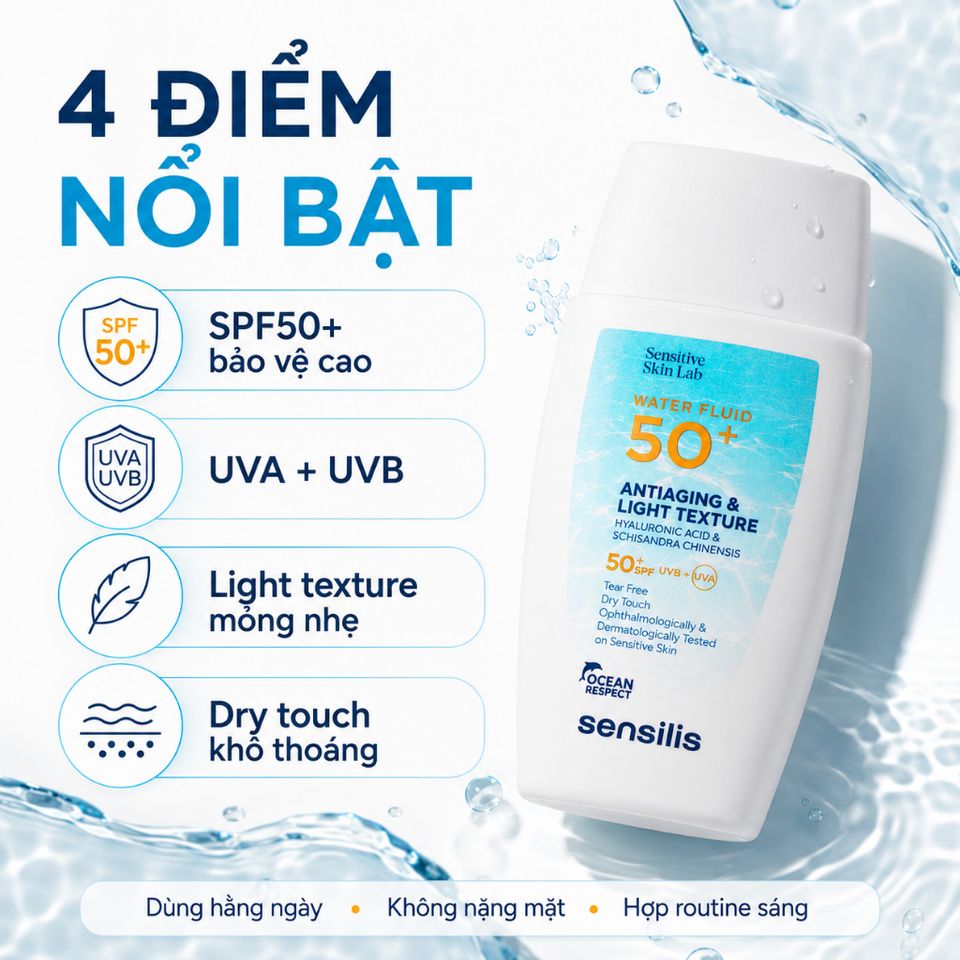 Kem Chống Nắng Sensilis Water Fluid SPF50+ 50ml Dạng Fluid Mỏng Nhẹ, Chống Lão Hóa
