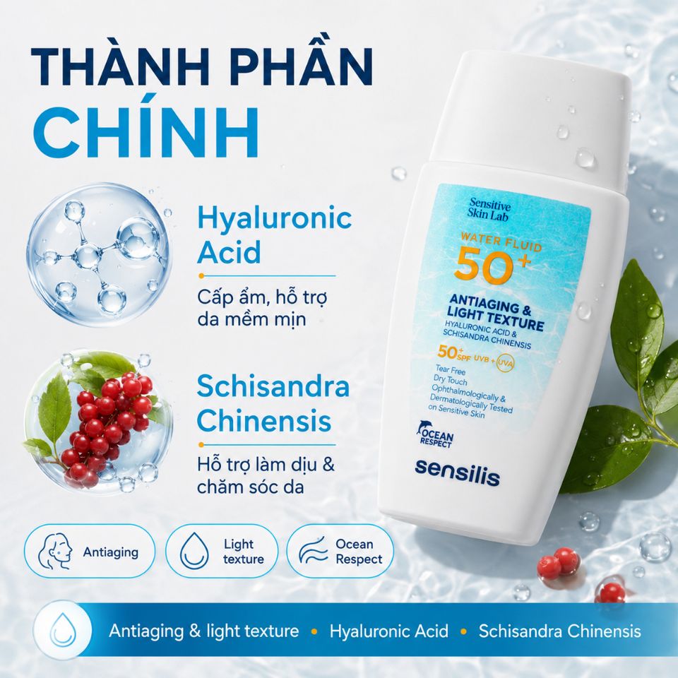 Kem Chống Nắng Sensilis Water Fluid SPF50+ 50ml Dạng Fluid Mỏng Nhẹ, Chống Lão Hóa