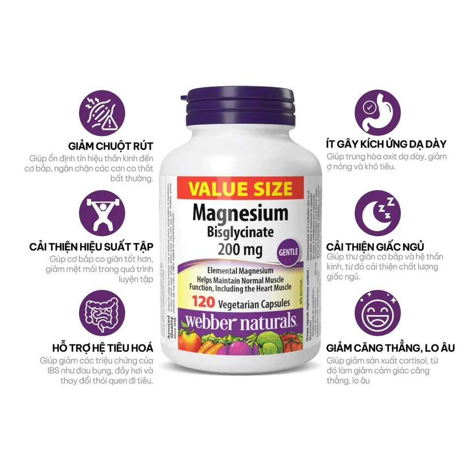 Viên Uống Webber Naturals Magnesium Bisglycinate 200mg - Bổ Sung Magie Hữu Cơ Cho Sức Khỏe - Tem Nhập Khẩu Chính Hãng 756449