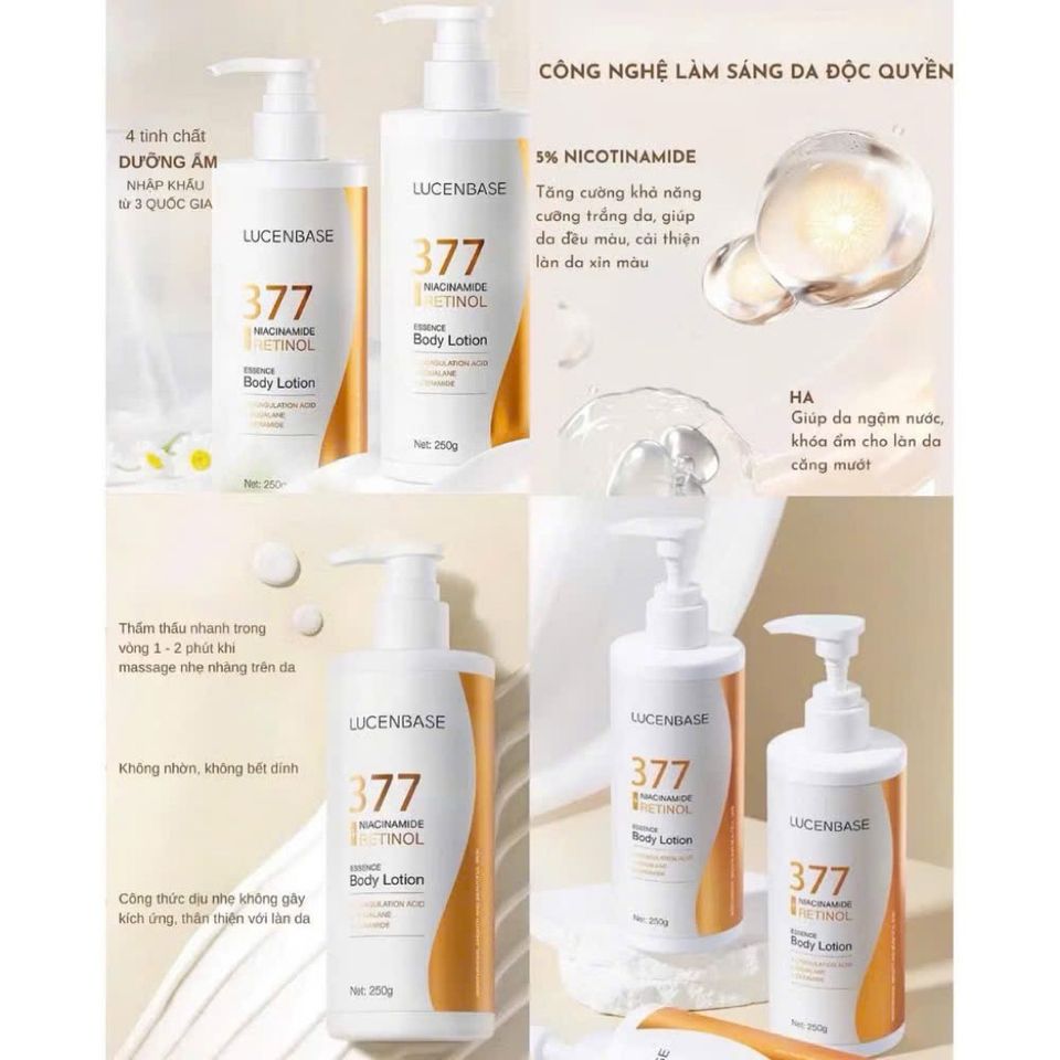 (Chính hãng) 250g Sữa dưỡng thể 377 Niacinamide Retinol LUCENBASE hỗ trợ khóa ẩm làm sáng da