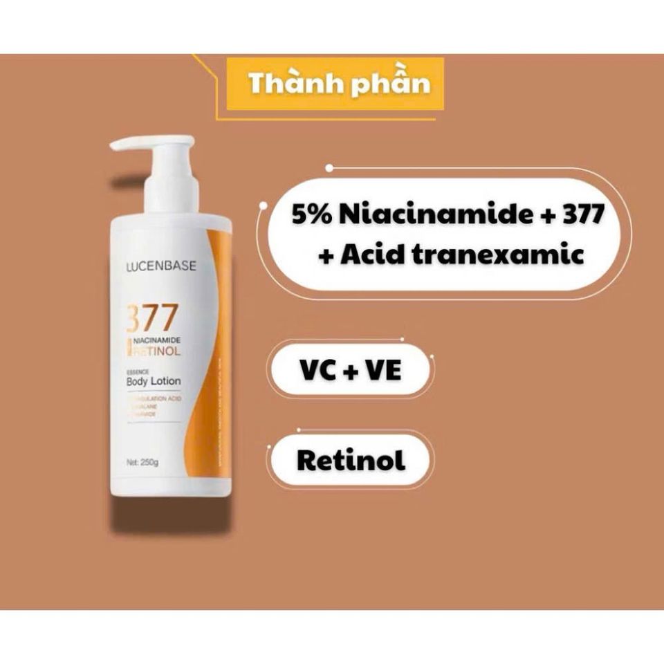 (Chính hãng) 250g Sữa dưỡng thể 377 Niacinamide Retinol LUCENBASE hỗ trợ khóa ẩm làm sáng da