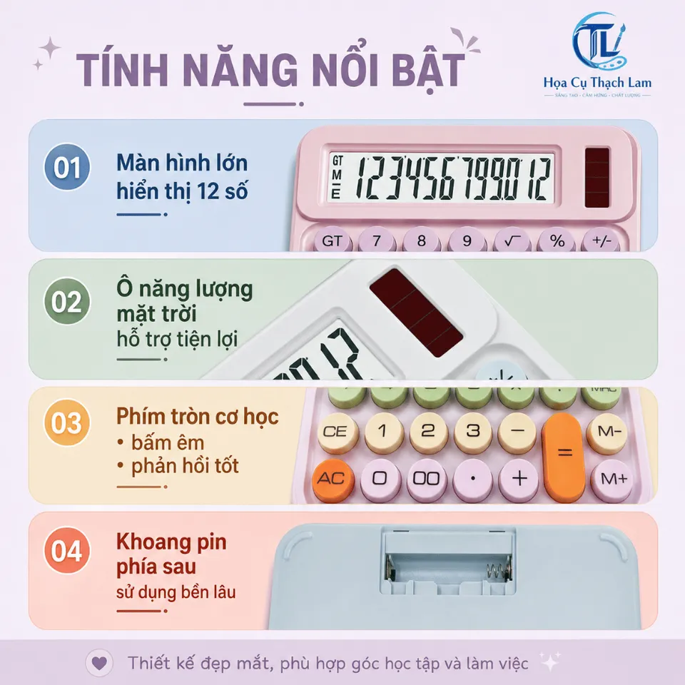 Máy Tính Sắc Màu 12 Số Màu Pastel Phím Tròn Có Pin AAA Cho Học Sinh Văn ...