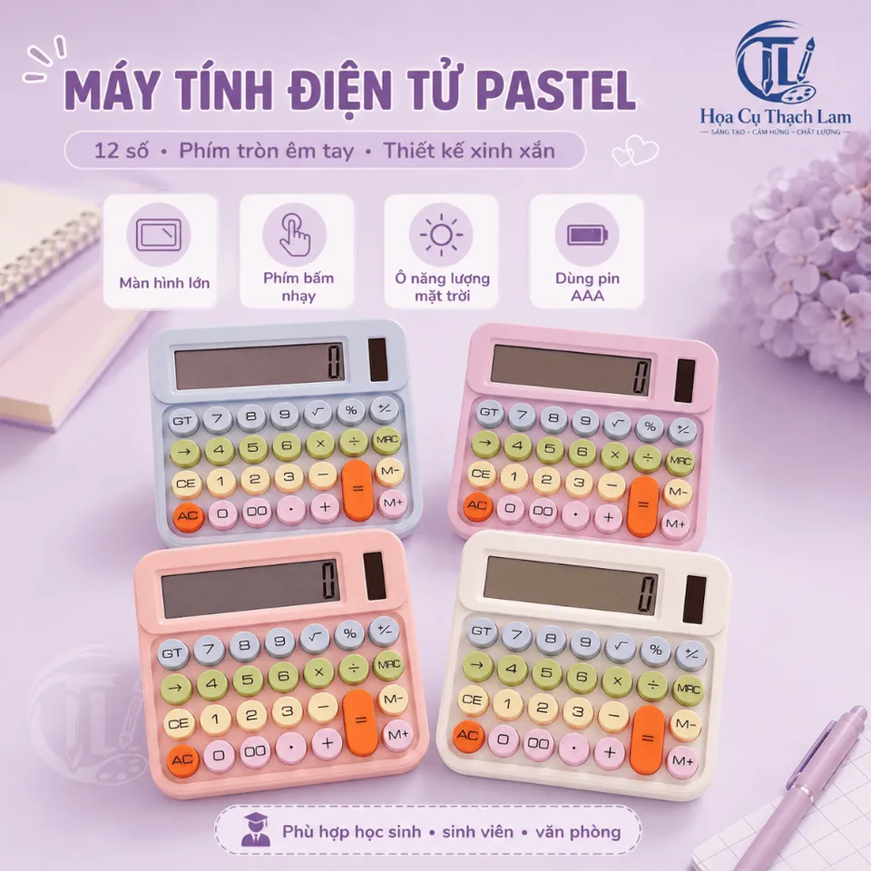 Máy Tính Sắc Màu 12 Số Màu Pastel Phím Tròn Có Pin AAA Cho Học Sinh Văn ...