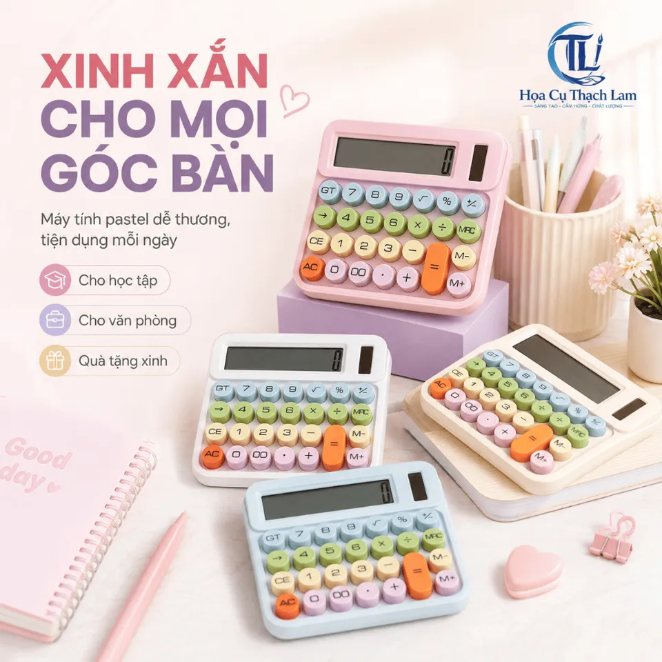Máy Tính Sắc Màu 12 Số Màu Pastel Phím Tròn Có Pin AAA Cho Học Sinh Văn ...