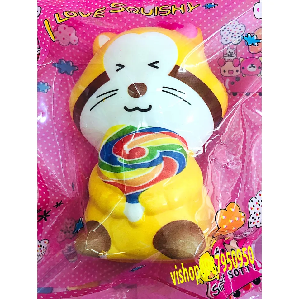 Squishy Lớn JUMBO Hình mèo cầm kẹo màu vàng Đồ Chơi Xốp Giảm Stress ...