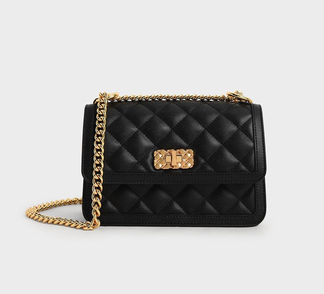 Charles & Keith - Women's Quilted Chain Strap Bag, Black, M