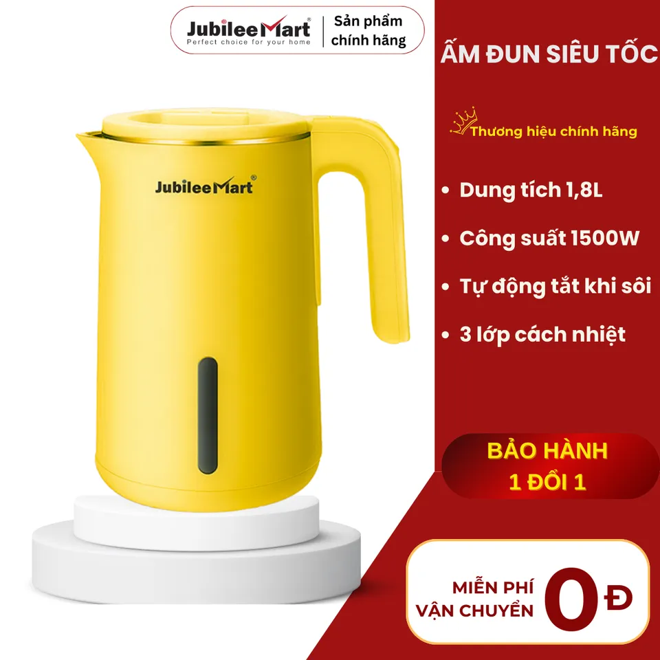 Ấm Đun Siêu Tốc Jubilee Mart 1.8L - 3 Lớp Chống Bỏng - Thiết Kế Sang Trọng, Đun Nước Nhanh 1500W, An Toàn cho Sức Khỏe, 1 THÁNG