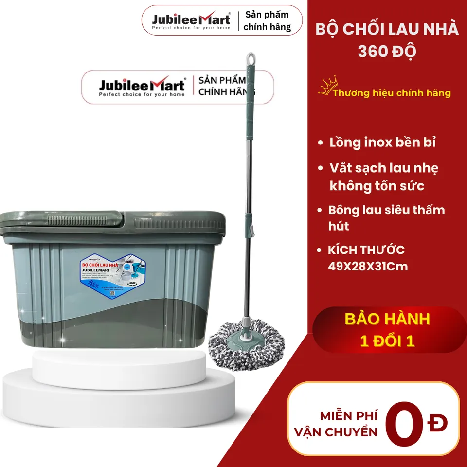 Bộ Chổi Lau Nhà Thông Minh Jubilee Mart 360 Độ - Kèm Thùng Vắt Inox & Bông Lau Siêu Thấm - Bảo Hành 2 Năm, CHỔI XÁM