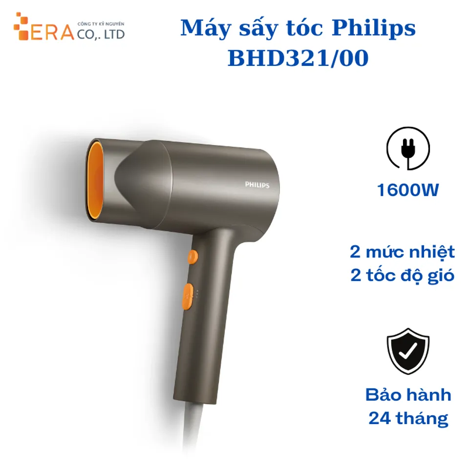 Máy Sấy Tóc Philips BHD321/00 - Công Suất 1600W, 30 Triệu Ion Âm, Siêu Nhẹ 350g, Bảo Vệ Tóc Mượt Mà, Thiết Kế An Toàn