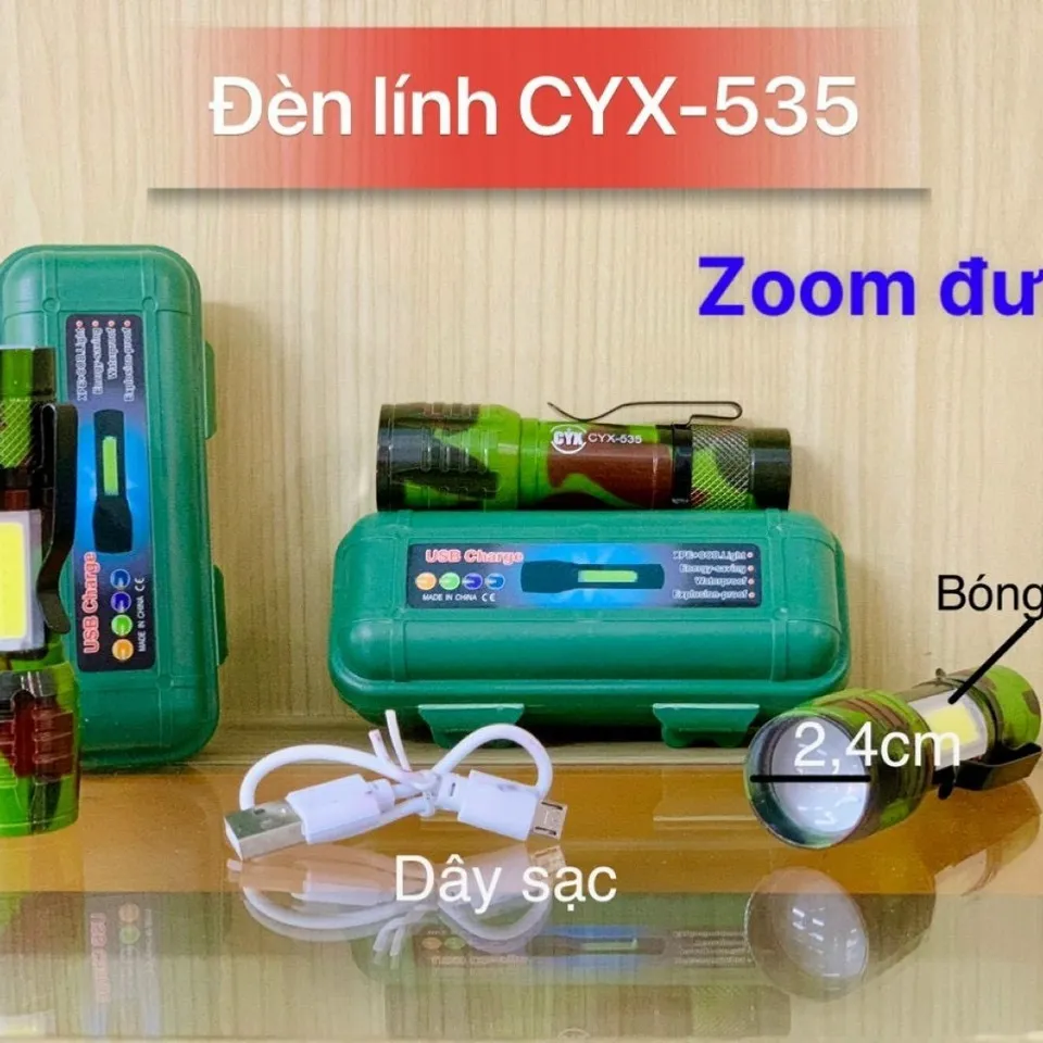 Đèn Pin MINI Siêu Sáng Có Zoom - Đèn Sáng Cao Cấp Tiện Dụng Cho Đi Bộ, Cắm Trại, Sử Dụng Khẩn Cấp - Tặng Kèm Hộp Mã 535 Màu Lính