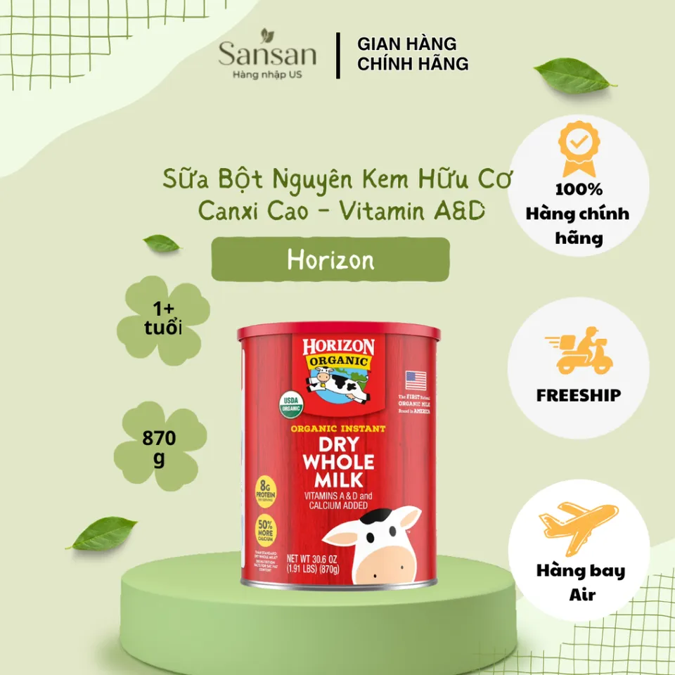 Sữa Bột Nguyên Kem Hữu Cơ Horizon Organic, Canxi Cao 480mg 870g- Nội địa Mỹ, Hộp 870g